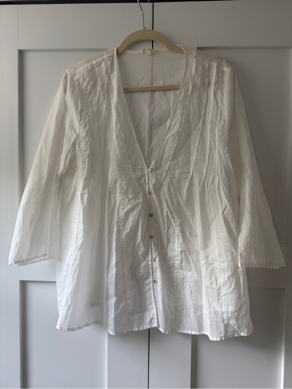 Eileen Fisher Ivory V-Neck Button Front Pintuck Blouse